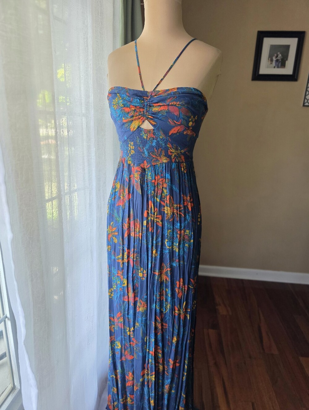 Free People NWT Floral Halter Cutout Smocked Maxi Dress Size Medium Boho Summer